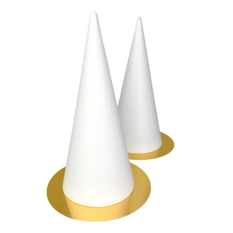 Lealoo 2 Cônes en polystyrène Plein, Hauteur 40 cm, Diamètre de base 18 cm, Présentoir à macarons, plateaux doré réversible