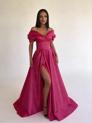 Image of Pleated Off The Shoulder Satin Prom Dresses for Women, Formal Evening Gowns Cocktail Party Dresses with Slit&Pockets