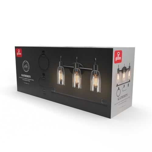 Image of Globe Electric 63000205 5-Piece All-in-One Bathroom Accessory Set with 19 inch 3-Light Vanity Light, Matte Black, Seeded Glass Shades, Towel Bar, Robe Hook, Toilet Paper Holder, Towel Ring, Powder Room
