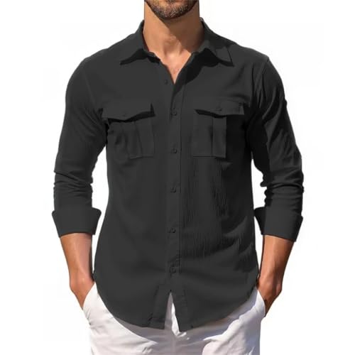 Solid Color Casual Lapel Linen Pocket Stitching Outdoor Breathable Men's Long Sleeve Shirt