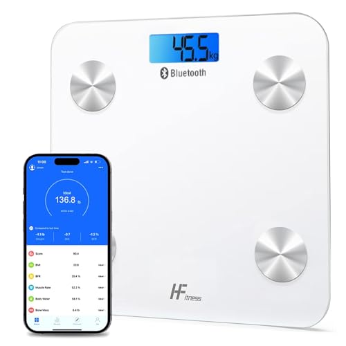 HomeFashion HFitness Báscula de Baño Digital 19 Indicadores de Composición Corporal, 28×28 cm Blanca Báscula Inteligente con App, Análisis de Grasa y Masa Muscular, Peso e IMC para Fitness