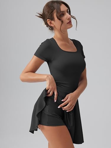 OQQ Women's Square Neck Ruffle Hem Mini Dress Summer Short Sleeve with Shorts Party Dresses3