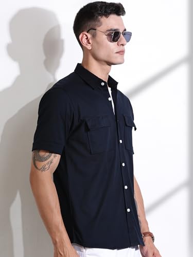 Image of Thomas Scott Men's | Solid | Half Sleeve | Regular Fit | Cotton Blend | Double Flap Pocket | Spread Collar | Casual Shirt