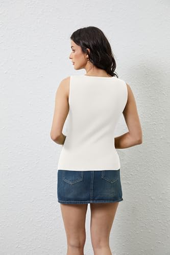 Image of OLAPTA Women Asymmetrical Button Down Side Split Sleeveless Tank Tops Boat Neck Slim Fit Summer Casual Side Button Knit Vest