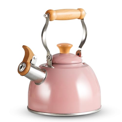 ROCKURWOK Tea Kettle, Tea Pot with Cool Touch Ergonomic Handle, Teapot Food Grade Stainless Steel, Tea Kettle Stovetop, Kettle Teapot, Whistling Tea Kettles, Small Tea Pot, 1.6 Quart (Pink)
