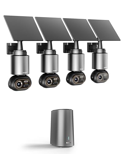 BOTSLAB 8MP Security Camera Outdoor Wireless 4 Cam-Kit, No Subscription, 4K 360° PTZ Solar Camera with WiFi Base Station, AI Recognition, Night Vision, 32GB Local Storage