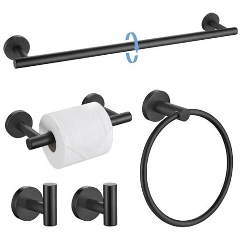Juego de 5 toalleros redondos negros mate para baño, juego de accesorios de baño, soporte de papel higiénico mejorado, juego de toalleros para baño, acero inoxidable, montado en la pared, 23.6