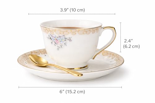 Image of Fine Bone China White Gold Rim Cups and Saucer with Golden Line, 180 ml Tea Cup Set of 6 Cup and Saucer Set for Tea Milk & Coffee Chai, Tea Cup Set