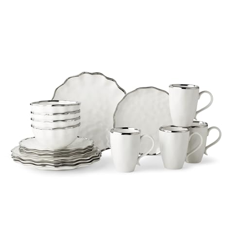 Regency Silver 16-Piece Porcelain Dinnerware Set Elegant Silver-Trimmed Plates Bowls & Mugs Service for 4 Durable Dishwasher-Safe Tableware for Everyday Dining & Special Occasions