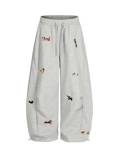 Vamtac Embroidery Puppy Baggy Sweatpants Wide Leg Pants Unisex Drawstring Casual Y2k Barrel with Pockets Gray