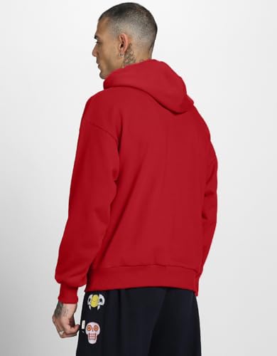 Image of Veirdo Fleece Oversized Baggy Fit Hooded Sweatshirt Drop Shoulder Typographic Logo Printed Full Sleeve Hoodie for Men (Avaiable in Colors: Copper Tan, Rust & Red)