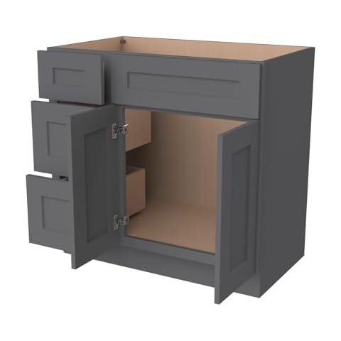 CozyHommie Solid Wood RTA Bathroom Vanity Sink Base Cabinet Sink Storage Cabinet with 2 Doors and 3 Left Drawers, Freestanding Bathroom Cabinet（Pebble Gray, 42”W × 21”D × 34-1/2”H Cover