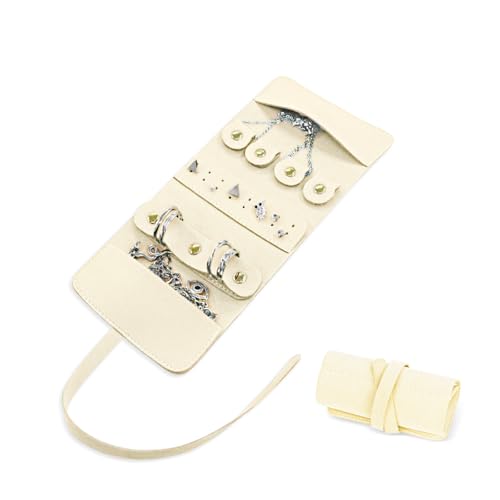 AdiStylinno Rotoli per gioielli da donna, piccolo organizer pieghevole da viaggio, facile da riporre gioielli, borsa per gioielli alla moda, organizer per collane, anelli, orecchini (bianco)