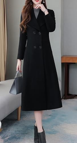 chouyatou Women's Chic Shawl Collar Work Double Breasted Maxi Long Wool Pea Coat4