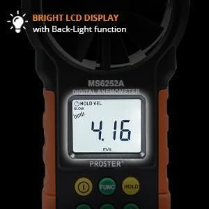 Close-up of Proster MS6252A Digital Anemometer's bright LCD display with backlight function activated, showing a reading of 4.16 m/s.