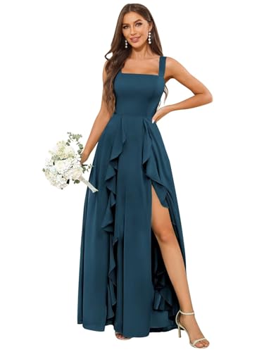 OFEYCHUN Ruffle Bridesmaid Dresses for Women Long Chiffon Square Neck Formal Evening Dress