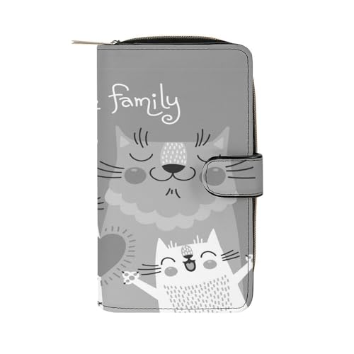 Nugier Women Soft PU Leather Wallet, Zipper Card Case Clutch Credit Bills Money Crash Coin 7.8x4.3x1.4 in Holder Purse Print Cute Cats Family Parents Black Grey Pattern
