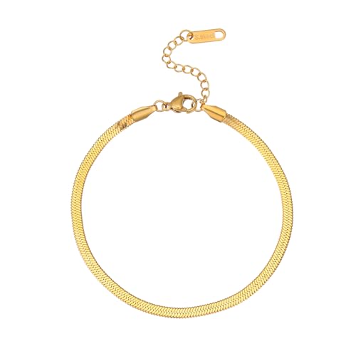 Image of NONAMOIS Ankle Bracelets for Women Dainty 18K Gold Plated Anklet Waterproof Round Beaded Paperclip Herringbone Pearl Chain Anklets Waterproof Beach Foot Jewelry