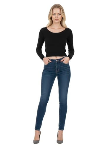 Image of Women's Crop Top Stretch Sweater - Long Sleeve Slim Bodycon Crewneck Casual Basic Solid Cropped Knit Pullover Top