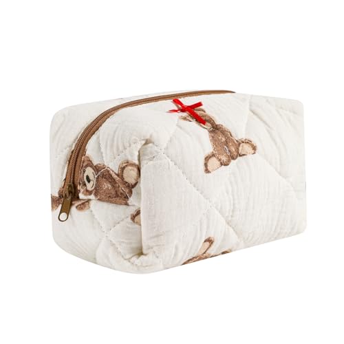Cute Small Floral Cotton Makeup Bag, Quilted Zipper Pouch with Coquette Bear for Women and Girls, Kawaii Travel Cosmetic Bags for Purse(01Little Bear)3