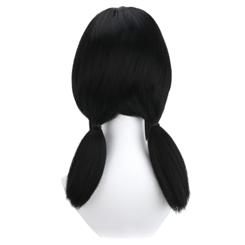 Image of Black Wig with Bangs Black Short Wig with Two Pigtails Black Straight Wigs for Women Cosplay Synthetic Wigs with Wig Cap