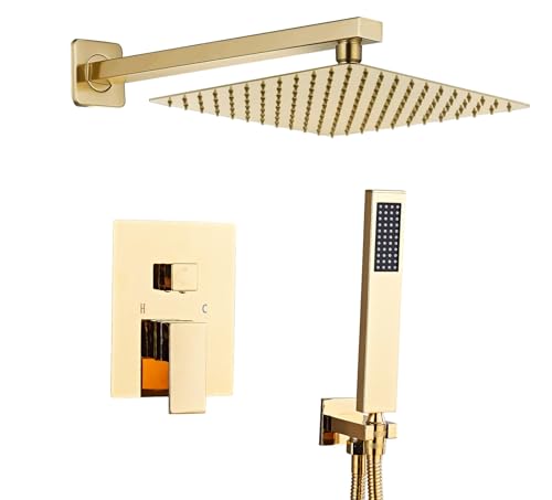 Sanitemodar Douche Encastrée Doré, Colonne de Douche Encastrée avec 25x25cm Douche de Tête, Mitigeur Douche Encastre avec Douchette