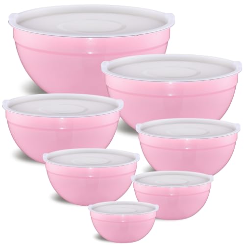 Moxinox Pink Mixing Bowls with Airtight Lids Stainless Steel Nesting Mixing Bowls Set of 7 Ideal for Baking Prepping and Serving Food Size 7 3.6 2.7 2.1 1.5 1.1 0.8 QT Stackable Design