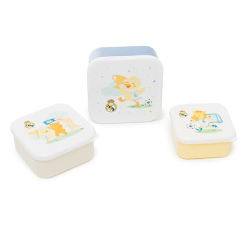 Miniland Set De 3 Fiambreras Infantiles Real Madrid Con Diferentes Tamaños, Incluye Tuppers De 230ml 350ml 540ml, Apto Para Lavavajillas, Recipiente Comida Bebe Licencia Oficial