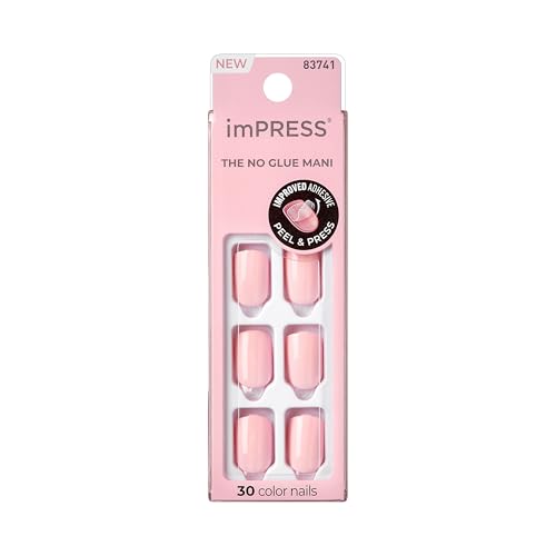 KISS imPRESS No Glue Mani Press On Nails, Color, 'Pick me Pink', Pink, Short Size, Squoval Shape, Includes 30 Nails, Prep Pad, Instructions Sheet, 1 Manicure Stick, 1 Mini File