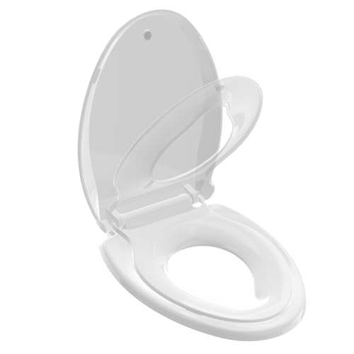 Huttdmel Potty Training Seat Built-in Toilet Seat, Elongated Toilet Seat 18.5inch with Baby Seat 2 in 1 Soft Close Quiet No Slapping, Magnetic Absorption, Easy Installation for Bottom Fixing Toilet