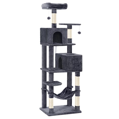 FEANDREA Cat Tree, 75.2-Inch Tall Cat Tower with Scratching Posts, Hammock, Cat Caves, Padded Perch, Cat Activity Center, Smoky Gray UPCT191G01