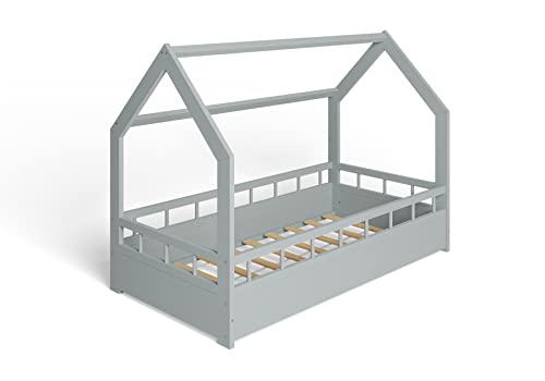 ms factory Hausbett Kinderbett 80x160 cm mit Rausfallschutz und Lattenrost - Einzelbett aus Kiefernholz für Mädchen und Junge - Grau