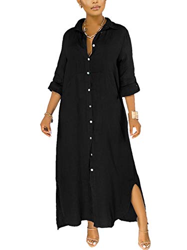 qfmqkpi Button Down Shirt Dress for Womens Roll Sleeve Loose Blouse Long Maxi Dresses with Side Splite Black XL