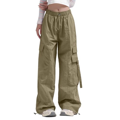 Parachute Pants for Women Wide Leg Cargo Pants Y2K Streetwear Casual Elastic Waist Hiking Trousers with Pockets