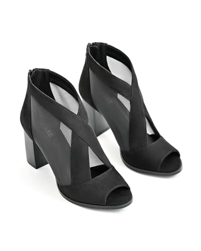 SICARE Peep-Toe, klobige Absätze für Damen, bequeme Blockabsätze, ausgeschnittener Reißverschluss, sexy Netz-Stiefeletten, Stil für Damen, elegante Verabredungen, Business-Partys, Schwarz，36