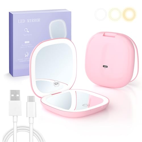 La mejor selección de Espejos de mano favoritos de las personas. 45 JDFNVFK Espejo de Bolsillo con Luz LED, con Aumento 1X/10X, Anillo de Luz de Doble Cara y 3 Modos, Espejo de Mano Recargable Portatil, Espejo Pequeño con Luz para Maquillaje