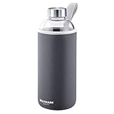 Lieferumfang: 1 x Westmark Trinkflasche, Viva, aus Glas, mit Cover, 5 Jahre Garantie, Maße: 24 x ø 9 cm, Volumen: 1000 ml, Gewicht: 420 Gramm, Material: Glas/Silikon/Kautschuk, Farbe: Anthrazit/Silber/Klar, 5274226A