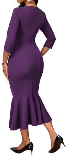 Image of Elegant Dress for Women Sexy V Neck Long Sleeve Bodycon Midi Fishtail Dresses