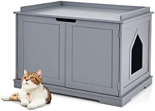 Maxmass Wooden Cat Litter Box Enclosure, Indoor Cat House with 2 Doors & Holes, Kitty Hidden Washroom Storage Bench for Bedroom, Bathroom and Living Room (Grey)