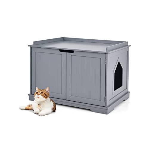 Maxmass Wooden Cat Litter Box Enclosure, Indoor Cat House with 2 Doors & Holes, Kitty Hidden Washroom Storage Bench for Bedroom, Bathroom and Living Room (Grey)