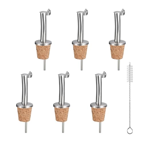 Eispap 6Pcs Auto Flip Stainless Steel Cork Bottle Pourers With Hinged Flip Top Cap For Wine Syrup Liquor Vinegar Olive Oil