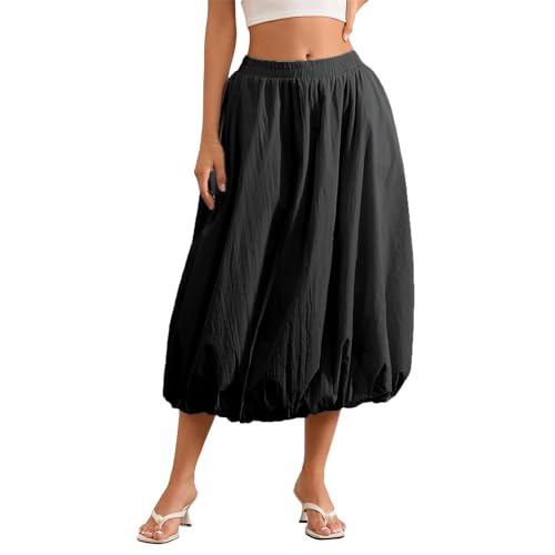 Women's Y2k Bubble Hem Skirts Trendy Elastic Waist Balloon Long Skirts Summer Flowy Midi Skirt with Pockets, Black, One Size