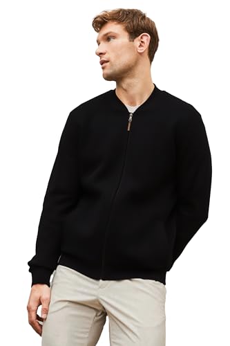 Image of LEOTUDE Men's Standard Length Casual Jacket For Classic Loopknit Bomber Jacket With Zipper Closure And Side Pockets (Color Black)