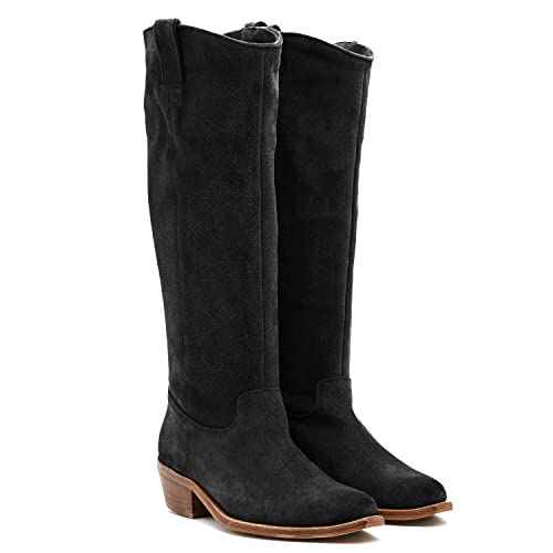 LEHOOR Women Stacked Heel Black Slouchy Knee High Western Boots Comfort Wide Calf Pointed Toe Velvet Suede Leather Black Cowboy Boots Low Heel Pull On Black Combat Boots Dressy Winter Winter Black 10