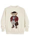 BEAUDRM Boy's Cute Bear Sweater Crew Neck Long Sleeve Pullovers Knit Top Streetwear White 8Y