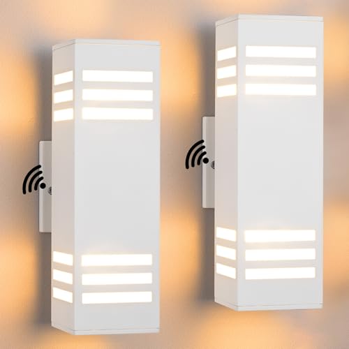 Image of Housen Solutions Dusk to Dawn Outdoor Lighting, IP65 Waterproof Exterior Light Fixtures, 2 Pack Sensor Porch Light Outdoor Wall Sconce for House Garage, Matte White Aluminum