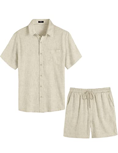 COOFANDY Men 2 Piece Linen Set Casual Short Sleeve Shirt and Short Beach Set3
