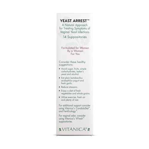 Image of Vitanica Yeast Arrest, Homeopathic Vaginal Suppositories, for Yeast Infection Symptoms, Relieves Burning, Itching & Discharge, with Boric Acid, Tea Tree Oil & Probiotics, Vegan (Yeast Arrest, 14)