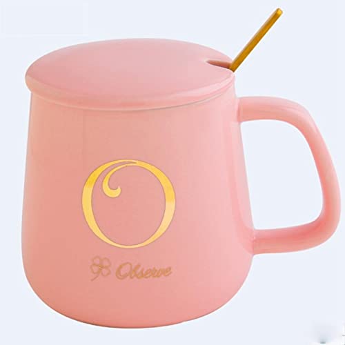 XKUN Mug Tasses Roses Tasses À Café pour La Meilleure Amie Fille Fille avec Couvercle Et Cuillère 26 Lettres Mug Personnalisés Bureau Céramique Mignon Gobelet Eau-O,450Ml