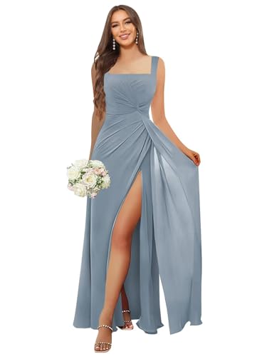 Square Neck Bridesmaid Dresses Long Pleated Chiffon Formal Evening Dress with Slit